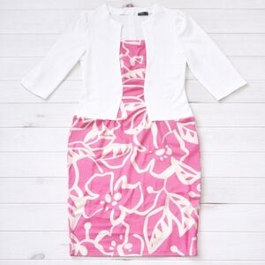 Izuria White Fuchsia Floral Color Block Half Sleeve Dress Large New Without Tags